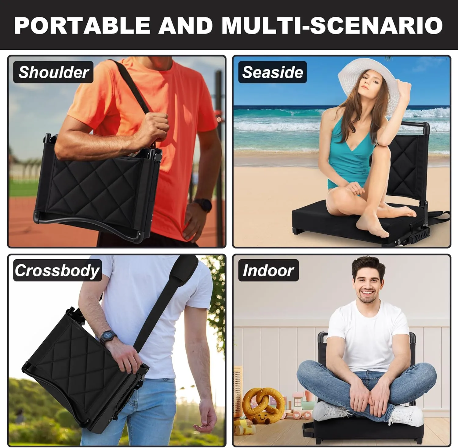 Stadium Seats with Back Support Cushion, Folding Stadium Seats for Bleachers Hold up 400lbs, Wide Bleacher Seat with Shoulder Strap & Handle Comfort for Sports Events (Black, 2pcs)