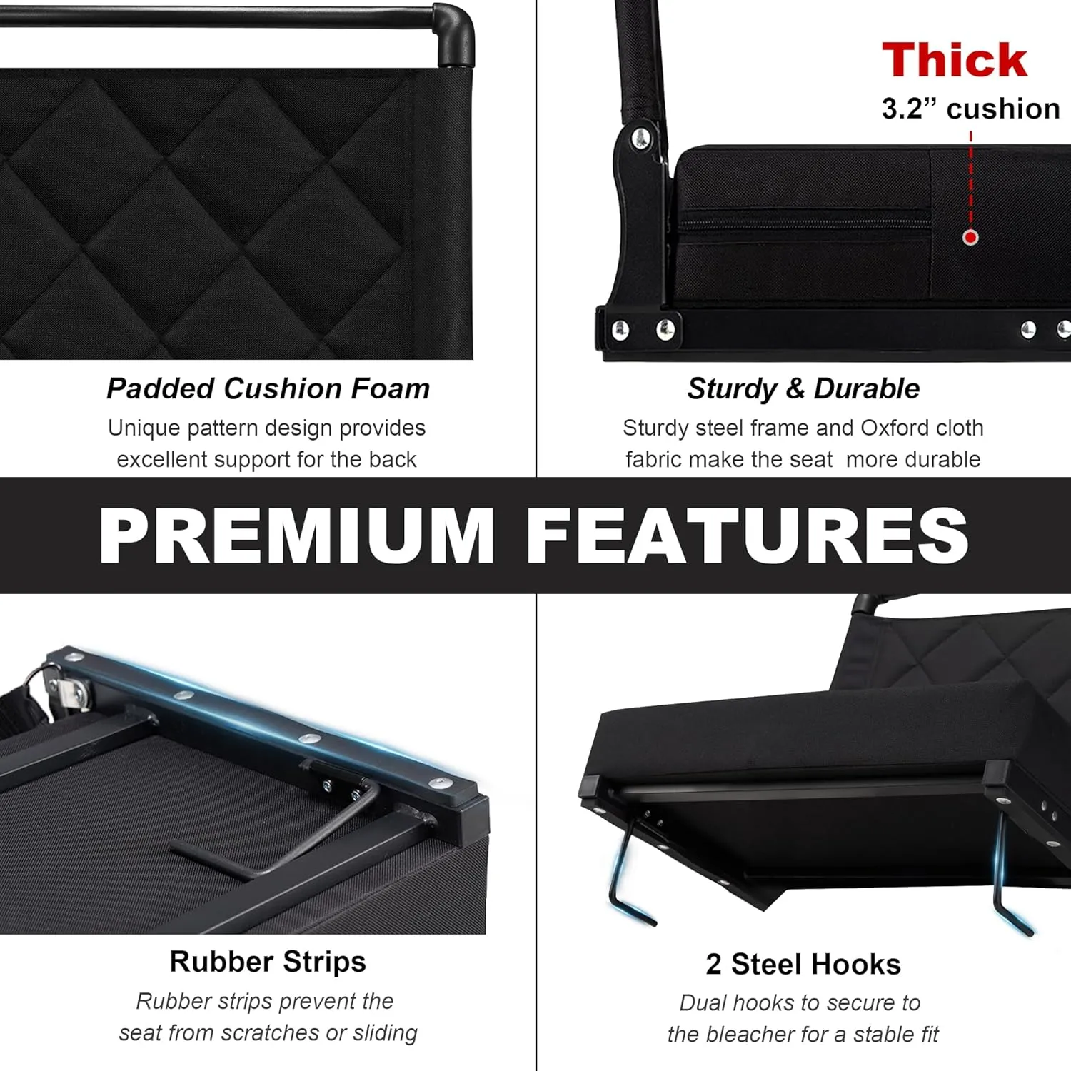 Stadium Seats with Back Support Cushion, Folding Stadium Seats for Bleachers Hold up 400lbs, Wide Bleacher Seat with Shoulder Strap & Handle Comfort for Sports Events (Black, 2pcs)