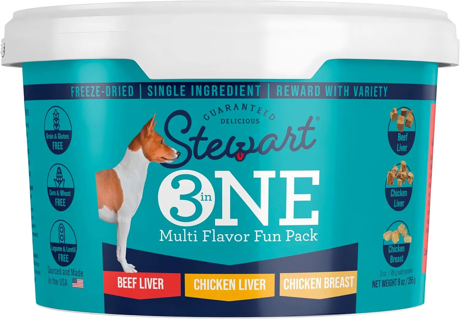 Stewart Single Ingredient Freeze Dried Raw Dog Treats, 3 in 1 Variety Pack, 9 Ounce Resealable Tub, Beef Liver, Chicken Breast, and Chicken Liver, Training Treats or Meal Topper, High Protein