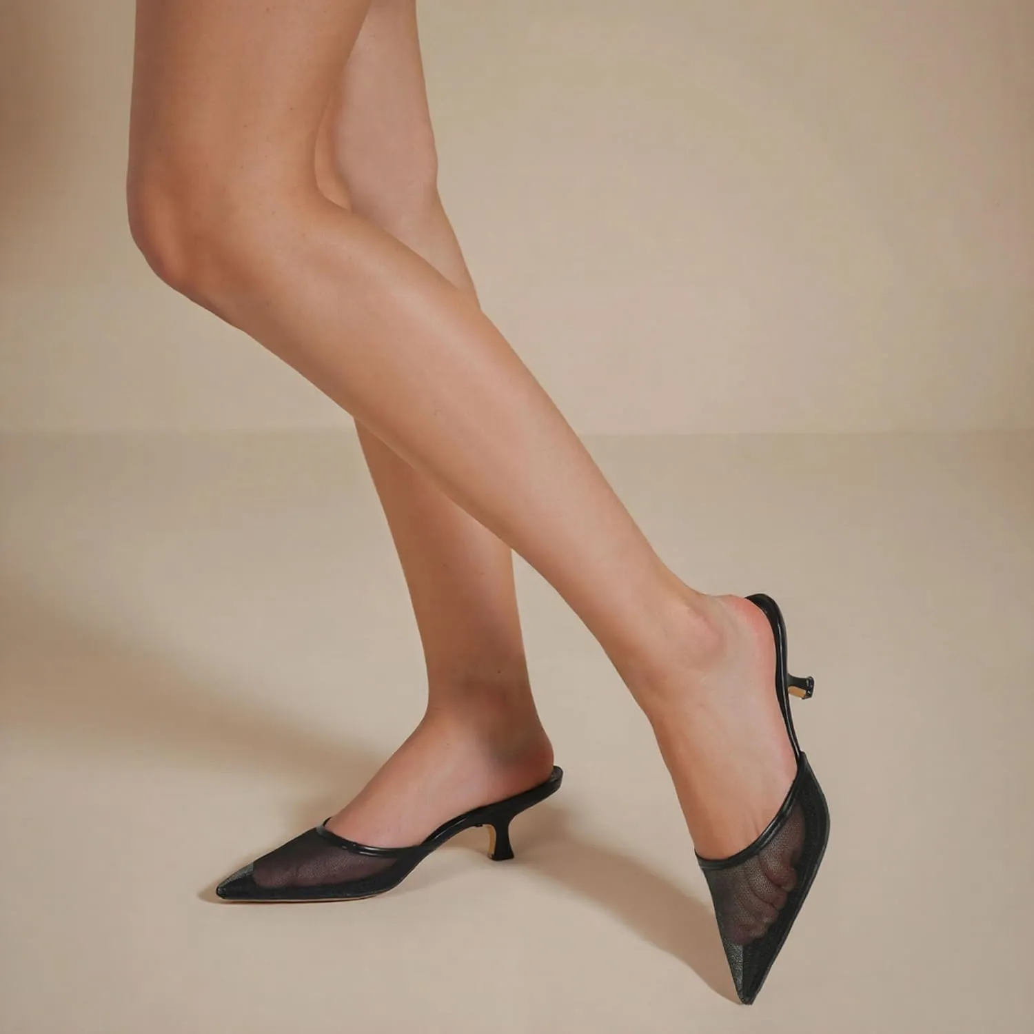 Summer Slingback Kitten Heels for Women, Pointed Closed Toe Slip On Mules Heels Trendy Party Dress Mesh Pumps Shoes