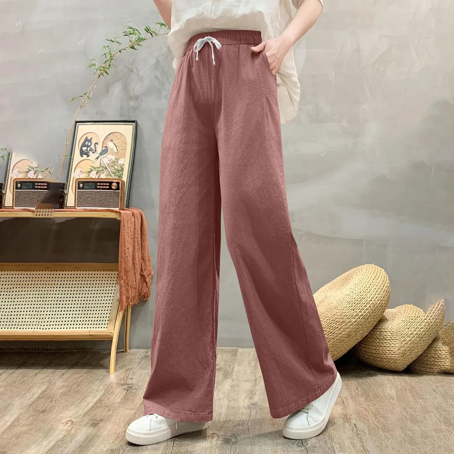 Sweatpants for Women Cotton Linen Slim Comfy High Waisted Solid Casual Trousers Straight Leg Stretchy Baggy Pants