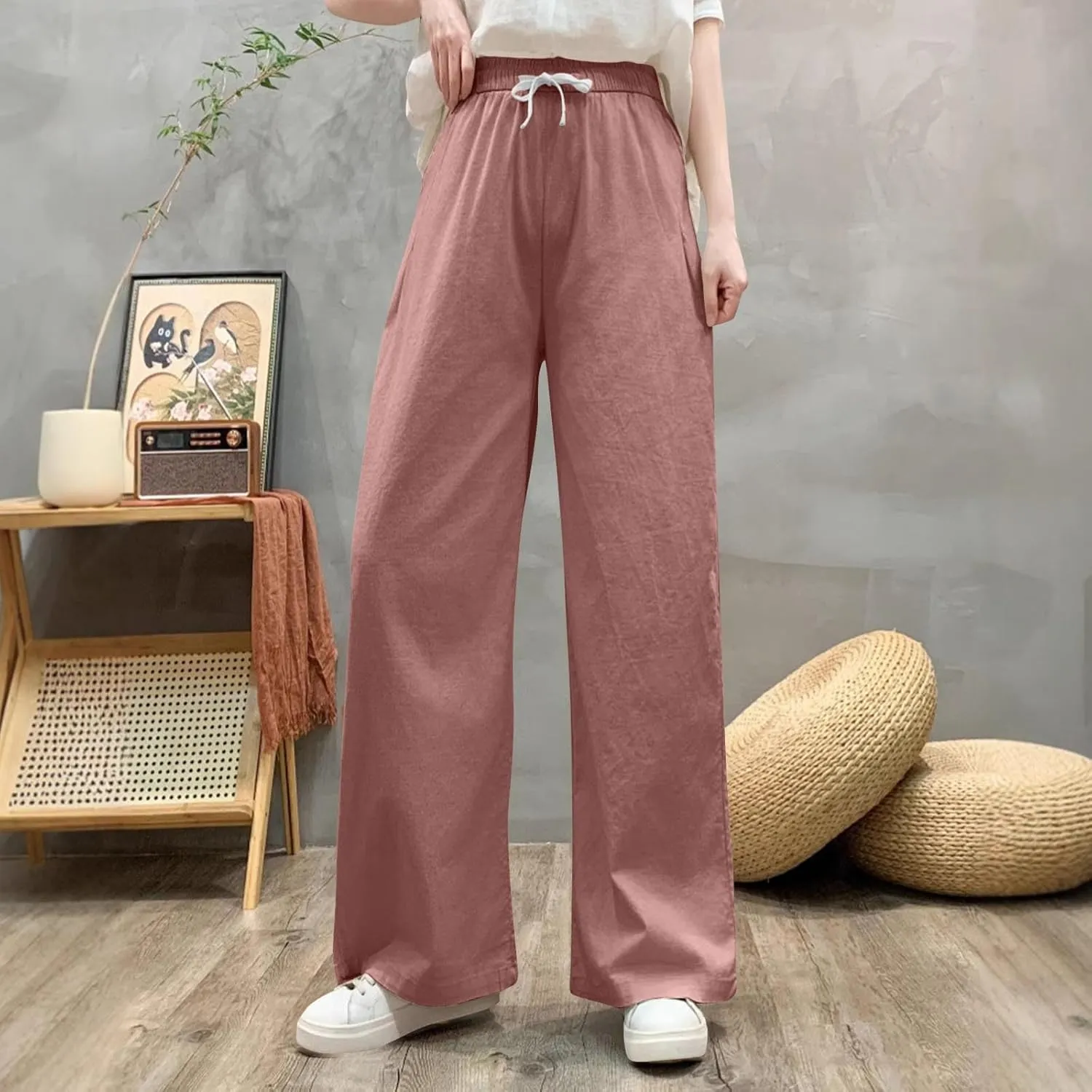 Sweatpants for Women Cotton Linen Slim Comfy High Waisted Solid Casual Trousers Straight Leg Stretchy Baggy Pants