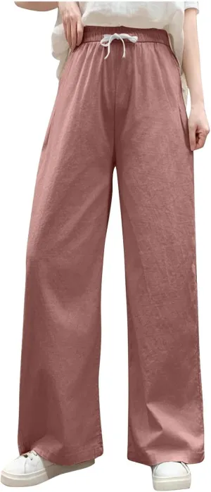 Sweatpants for Women Cotton Linen Slim Comfy High Waisted Solid Casual Trousers Straight Leg Stretchy Baggy Pants