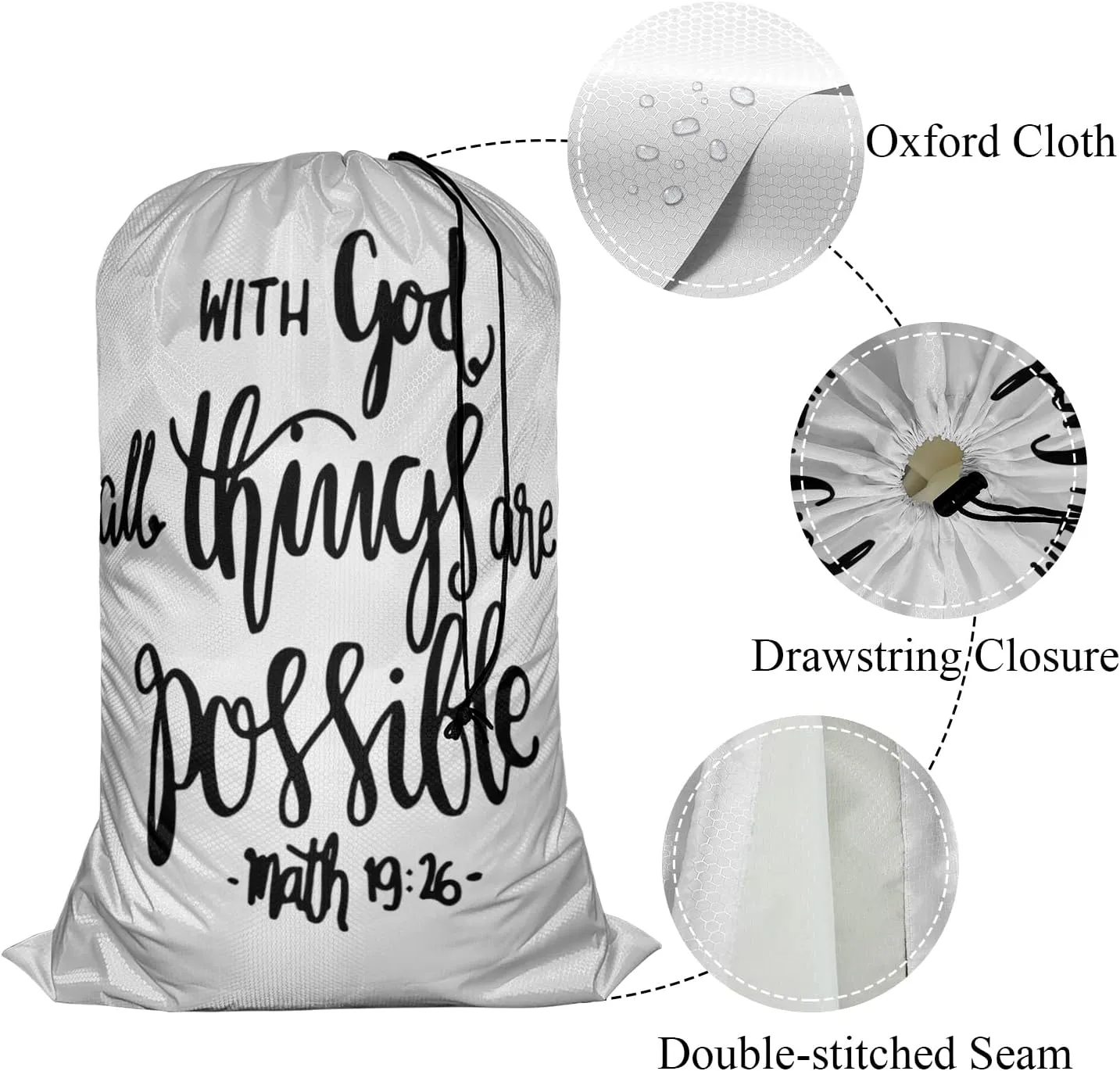 Swono Bible Verse Heavy Duty Laundry Drawstring Bag with Strap, With God All Things Are Possible Modern Calligraphy, 28 x 40 Inch Travel Dirty Clothes Bag Oxford Cloth for Laundromat and Household