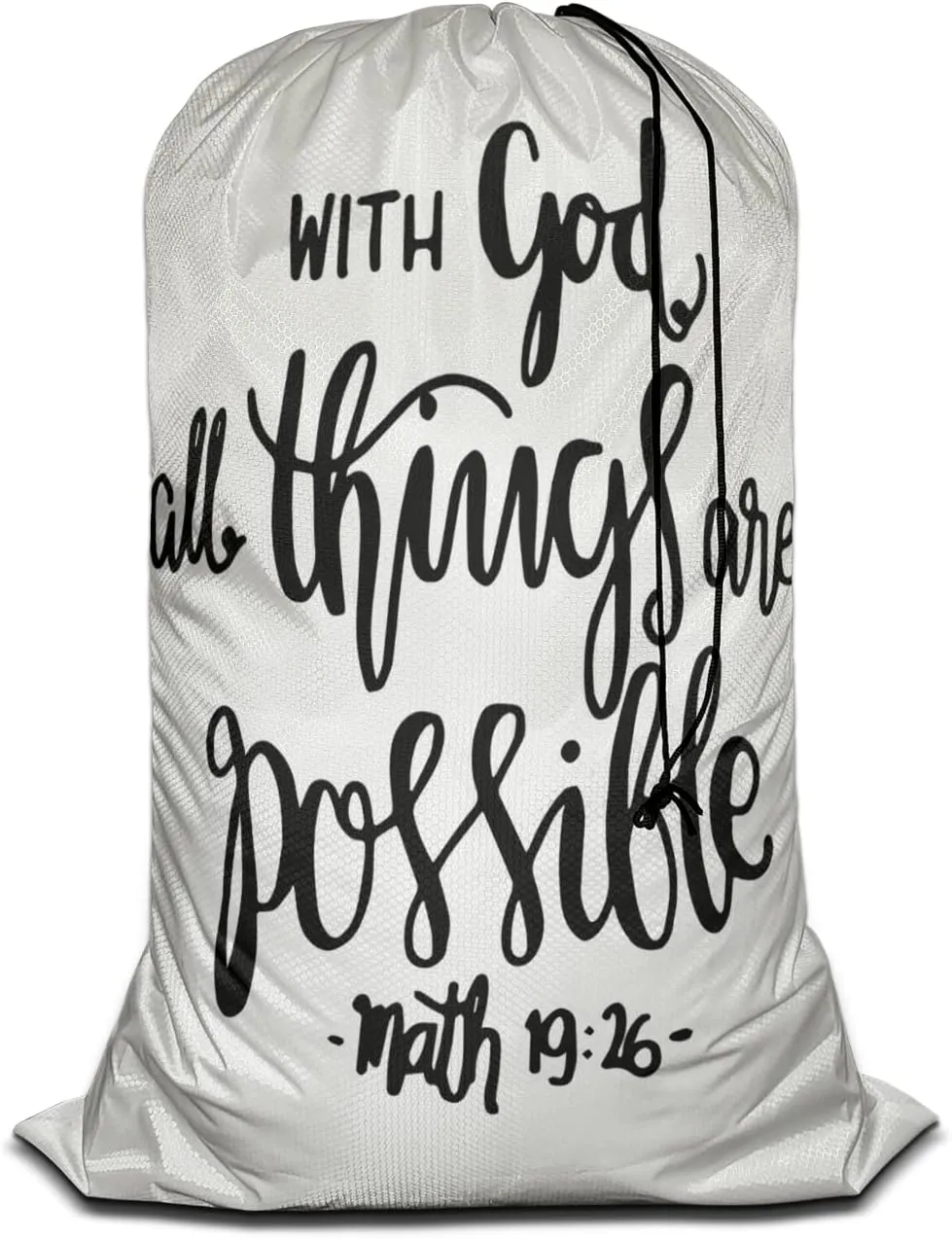 Swono Bible Verse Heavy Duty Laundry Drawstring Bag with Strap, With God All Things Are Possible Modern Calligraphy, 28 x 40 Inch Travel Dirty Clothes Bag Oxford Cloth for Laundromat and Household