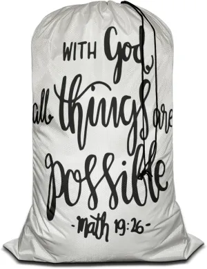 Swono Bible Verse Heavy Duty Laundry Drawstring Bag with Strap, With God All Things Are Possible Modern Calligraphy, 28 x 40 Inch Travel Dirty Clothes Bag Oxford Cloth for Laundromat and Household