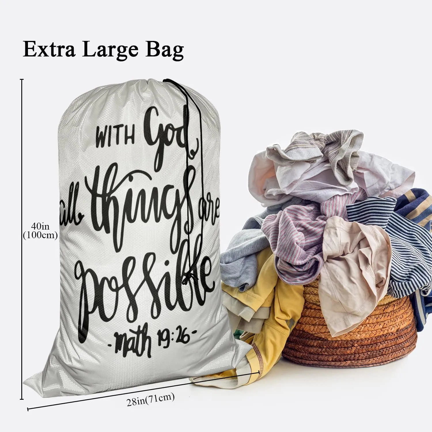 Swono Bible Verse Heavy Duty Laundry Drawstring Bag with Strap, With God All Things Are Possible Modern Calligraphy, 28 x 40 Inch Travel Dirty Clothes Bag Oxford Cloth for Laundromat and Household