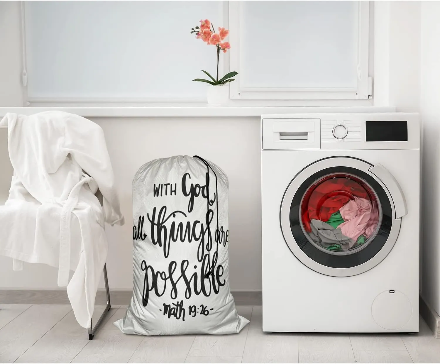 Swono Bible Verse Heavy Duty Laundry Drawstring Bag with Strap, With God All Things Are Possible Modern Calligraphy, 28 x 40 Inch Travel Dirty Clothes Bag Oxford Cloth for Laundromat and Household