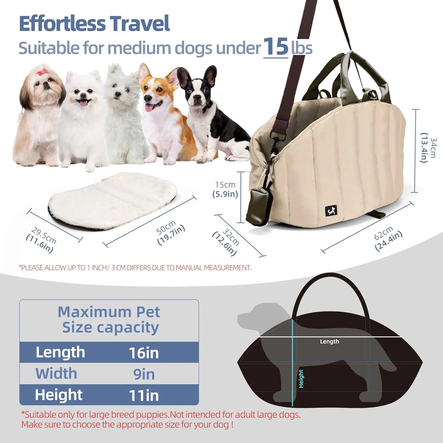 Sytopia Dog Bag Carrier for Small and Medium Dogs, Waterproof and Washable, Travel Pets Purse up to 15 Lbs, Car Seat & Bed, Adjustable Leashes, Cream Beige