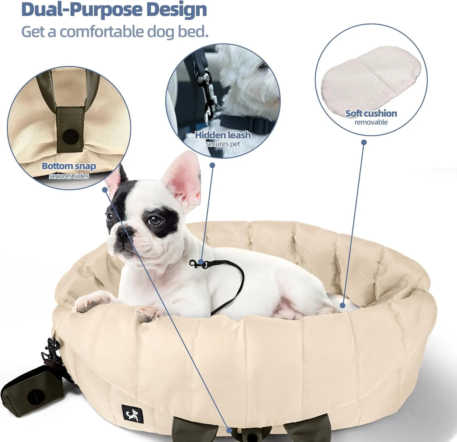 Sytopia Dog Bag Carrier for Small and Medium Dogs, Waterproof and Washable, Travel Pets Purse up to 15 Lbs, Car Seat & Bed, Adjustable Leashes, Cream Beige