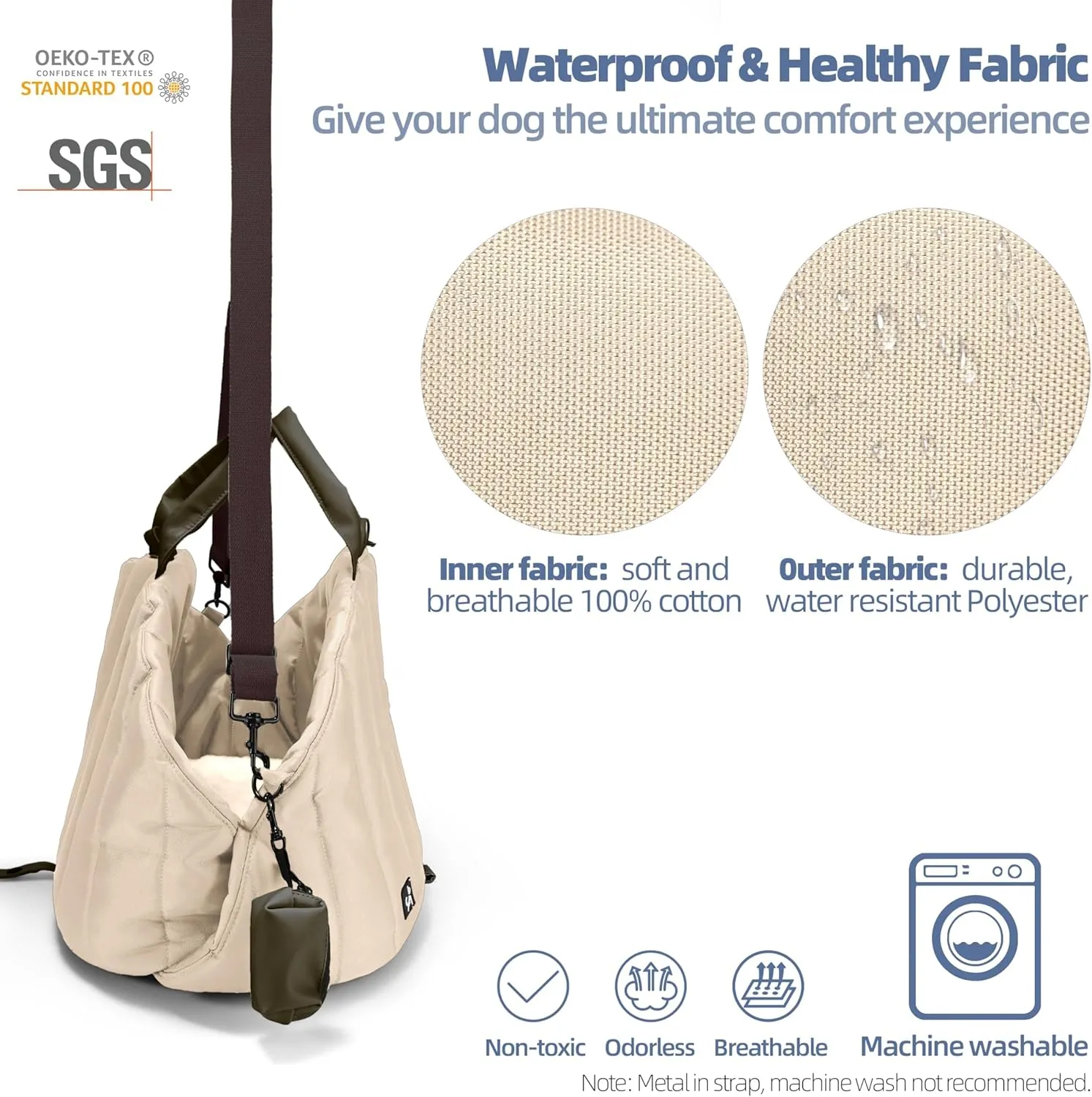 Sytopia Dog Bag Carrier for Small and Medium Dogs, Waterproof and Washable, Travel Pets Purse up to 15 Lbs, Car Seat & Bed, Adjustable Leashes, Cream Beige