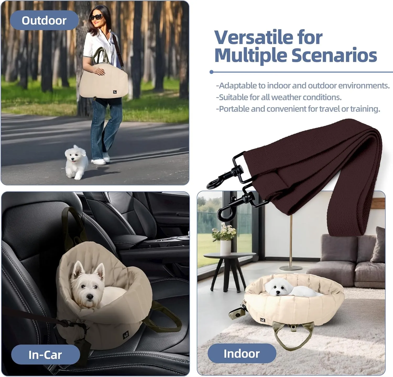 Sytopia Dog Bag Carrier for Small and Medium Dogs, Waterproof and Washable, Travel Pets Purse up to 15 Lbs, Car Seat & Bed, Adjustable Leashes, Cream Beige