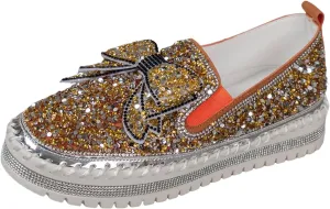 Thick Soft Platform Loafers for Women Sparkly Rhinestone Bow Decoration Single Shoes Elegant Banquet Casual Shoes Canvas