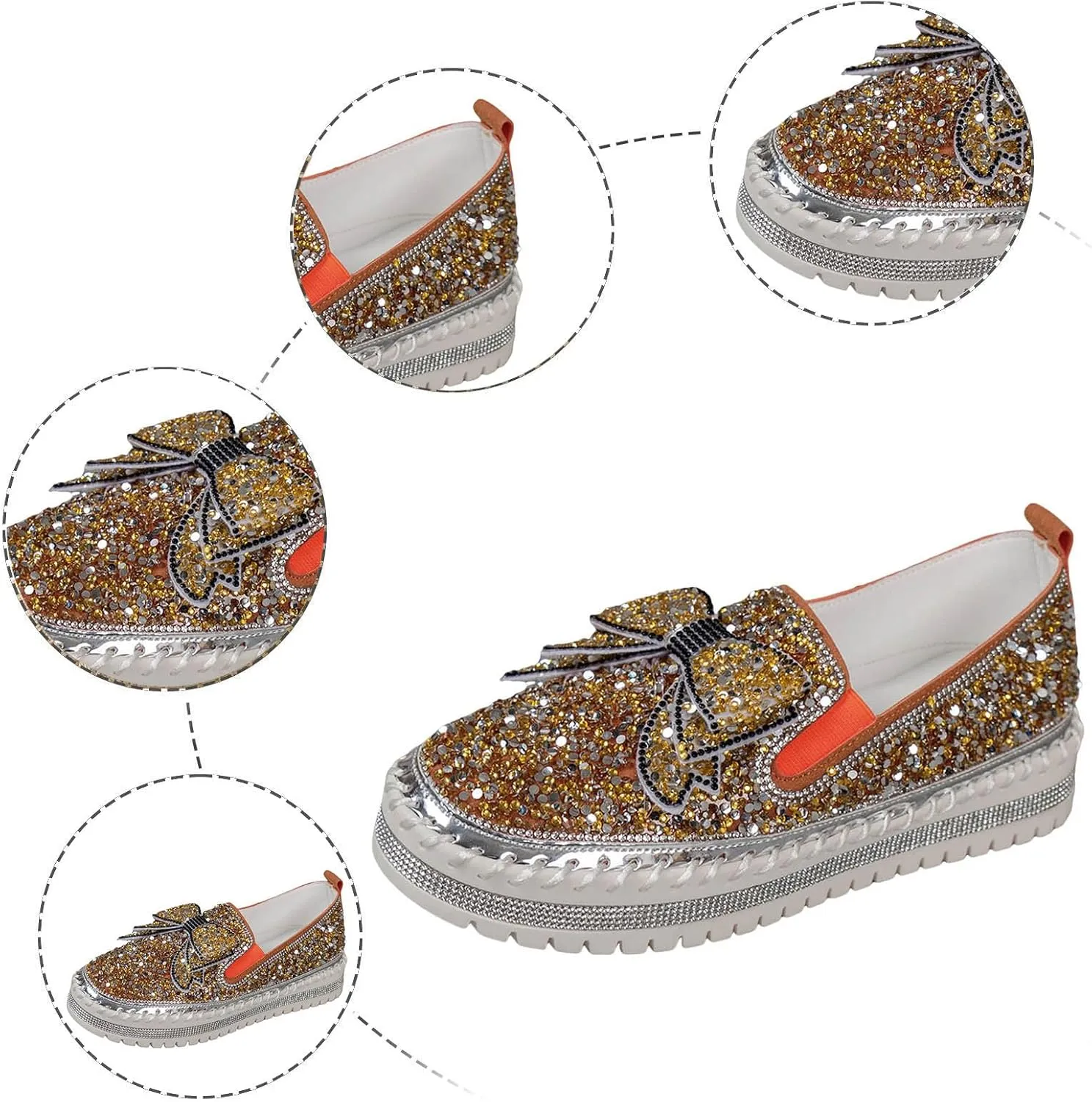 Thick Soft Platform Loafers for Women Sparkly Rhinestone Bow Decoration Single Shoes Elegant Banquet Casual Shoes Canvas