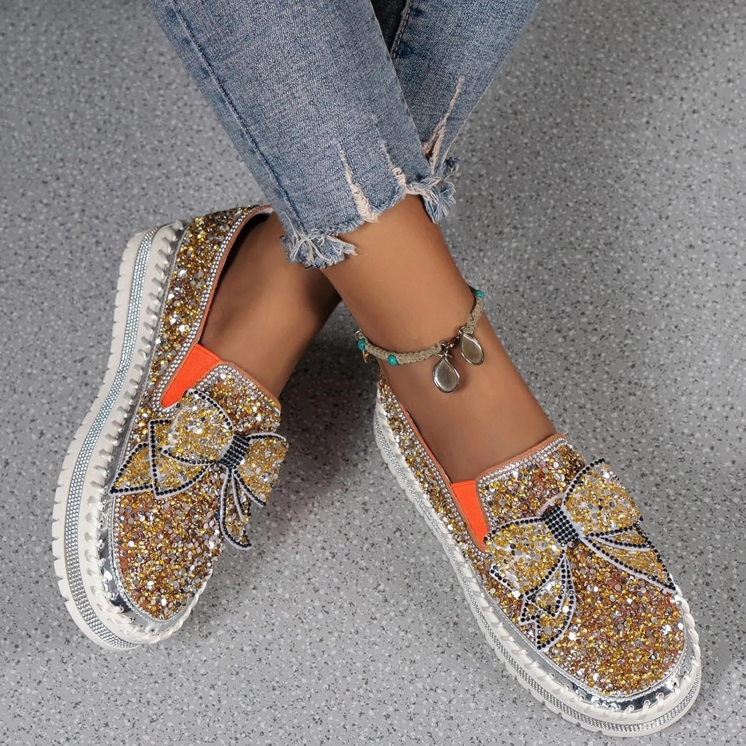 Thick Soft Platform Loafers for Women Sparkly Rhinestone Bow Decoration Single Shoes Elegant Banquet Casual Shoes Canvas