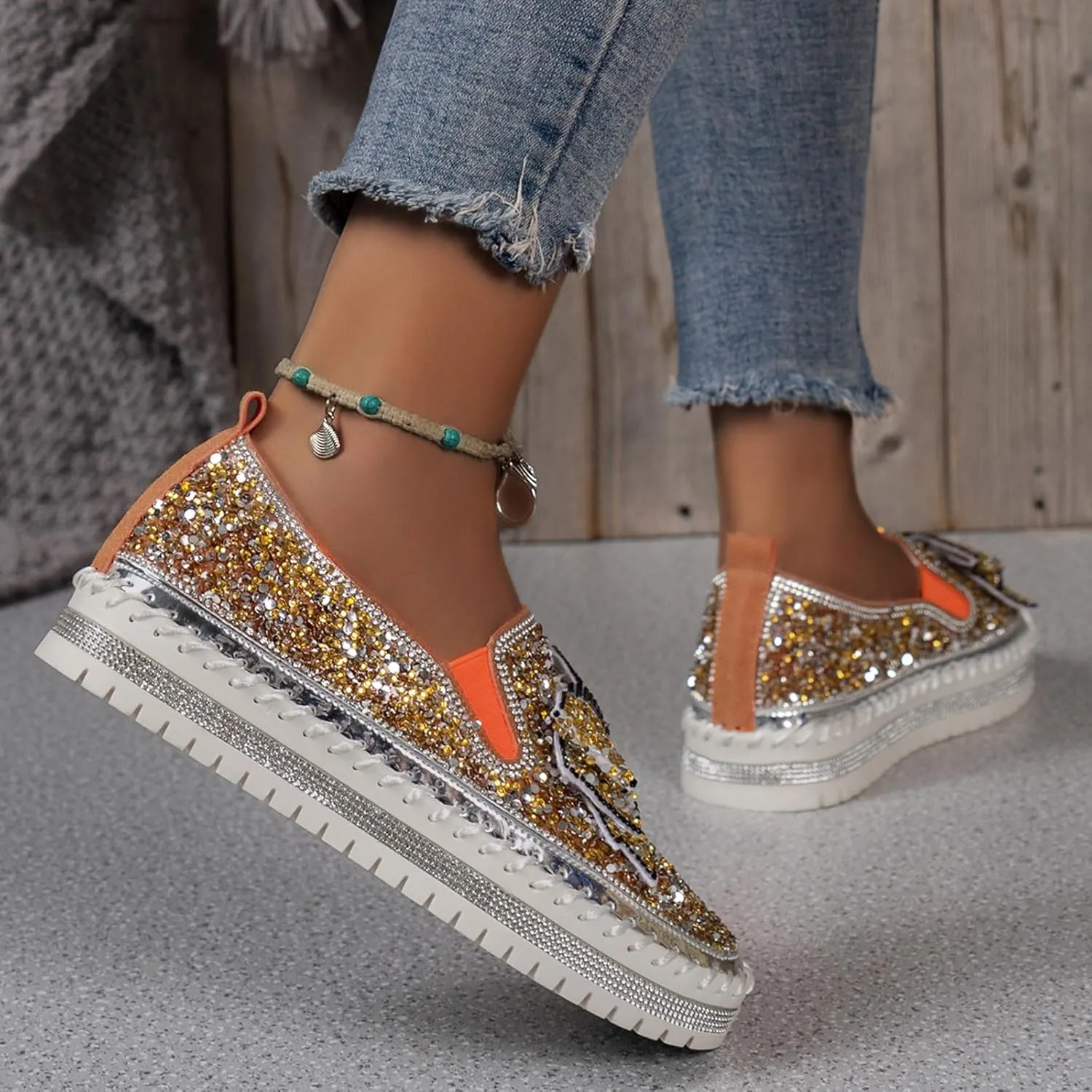 Thick Soft Platform Loafers for Women Sparkly Rhinestone Bow Decoration Single Shoes Elegant Banquet Casual Shoes Canvas