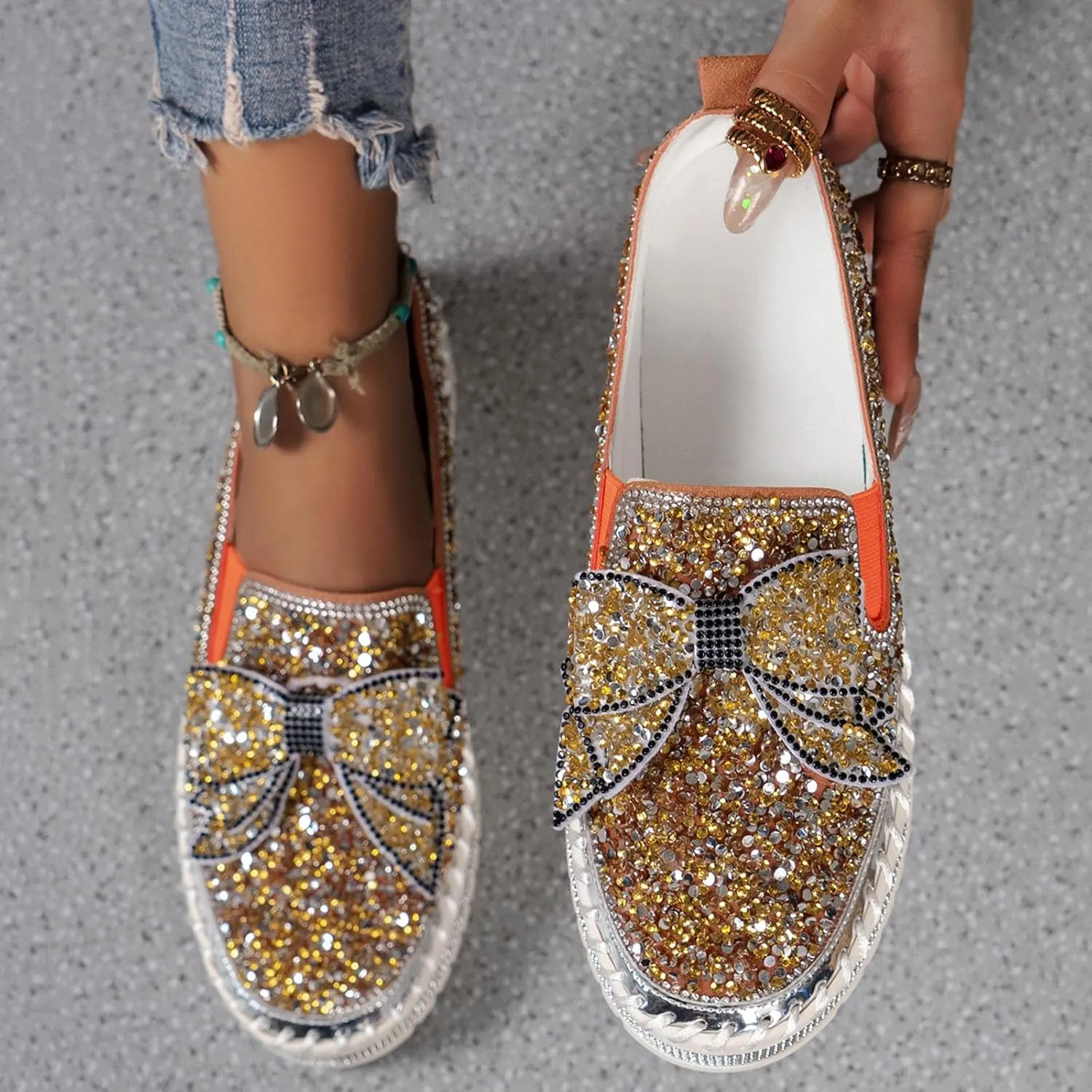 Thick Soft Platform Loafers for Women Sparkly Rhinestone Bow Decoration Single Shoes Elegant Banquet Casual Shoes Canvas