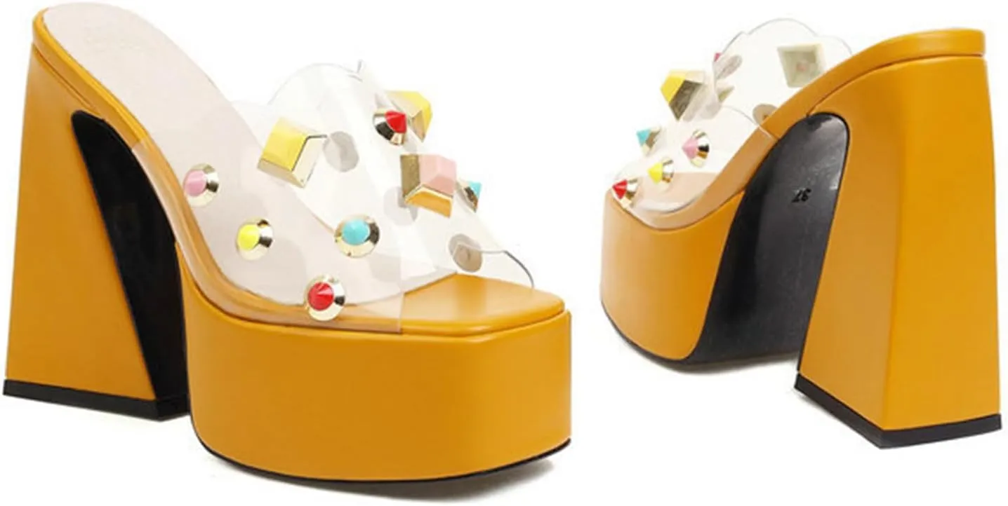 TNXZ Platform Sandal Women's Chunky Heel Slip On Mule Pumps Open Square Toe for Vacation Street Indoor and Outdoor