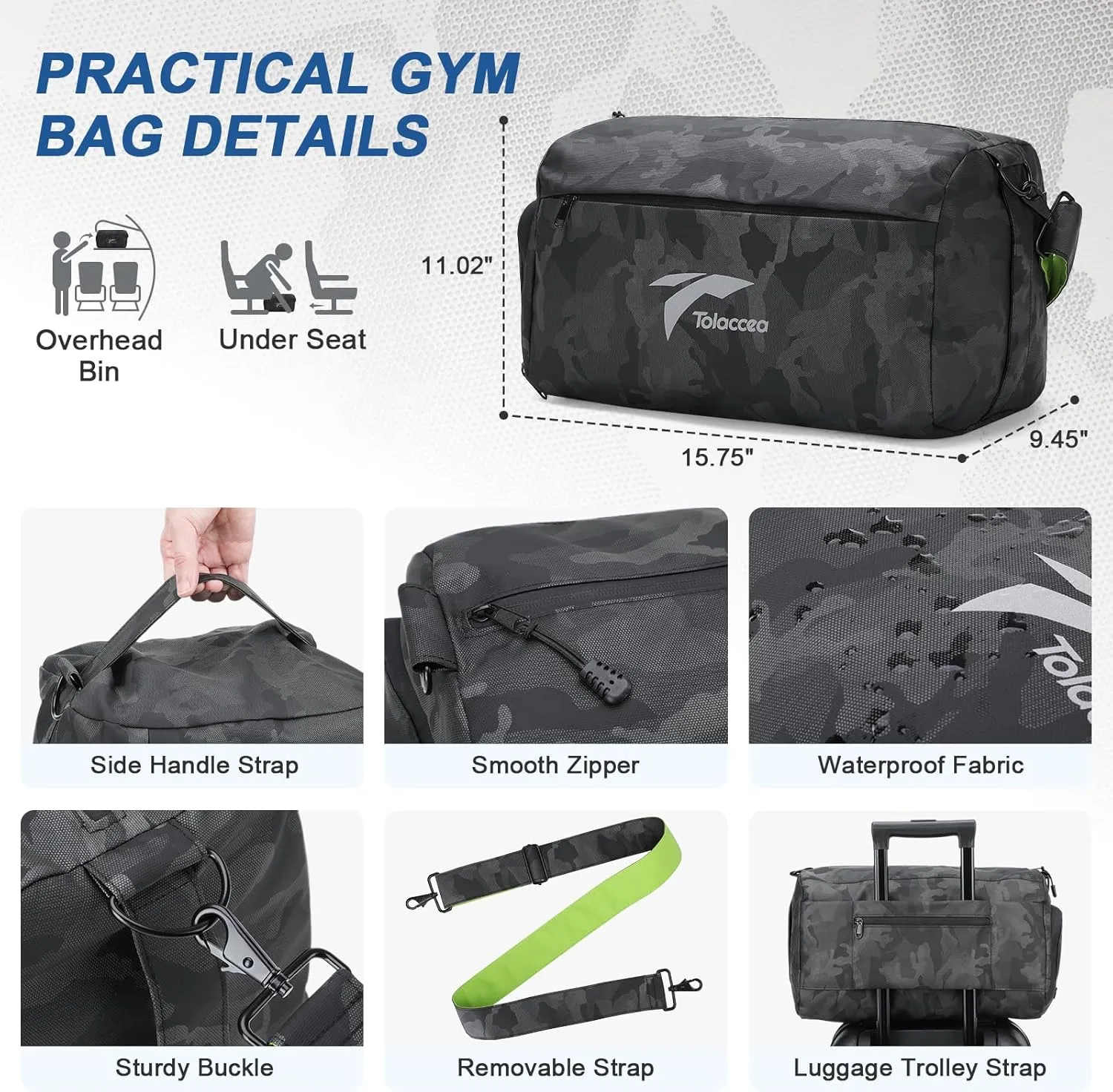 Tolaccea Gym Bag for Men Women, Large Sport Duffel Bag with Shoe Compartment Wet Compartment, Travel Duffel Bag Backpack, Weekend Bag Carry On Backpack for Gym, Travel, Fitness, Workout (Green, 25L)