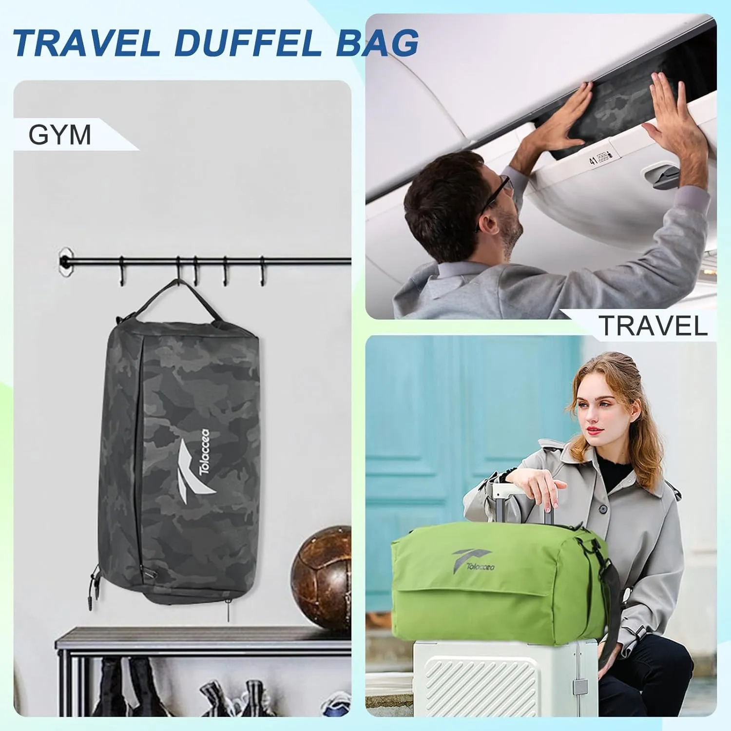 Tolaccea Gym Bag for Men Women, Large Sport Duffel Bag with Shoe Compartment Wet Compartment, Travel Duffel Bag Backpack, Weekend Bag Carry On Backpack for Gym, Travel, Fitness, Workout (Green, 25L)