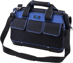 Tool Bag 16'', Multi-pocket Tool Organizer with Water Proof Plastic Base, Heavy Duty Tote with Shoulder Strap for Tool Storage, Black & Blue