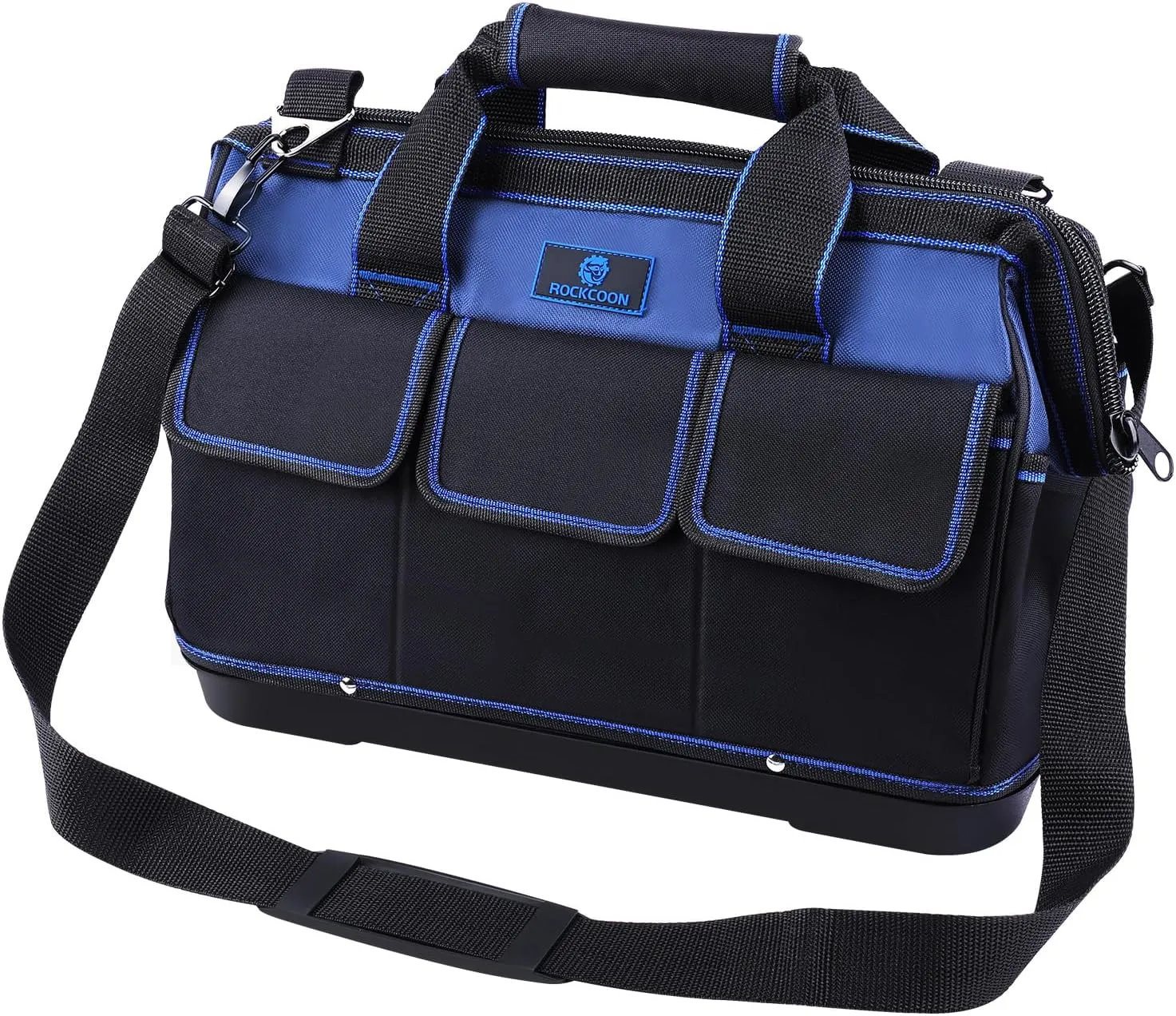 Tool Bag 16'', Multi-pocket Tool Organizer with Water Proof Plastic Base, Heavy Duty Tote with Shoulder Strap for Tool Storage, Black & Blue