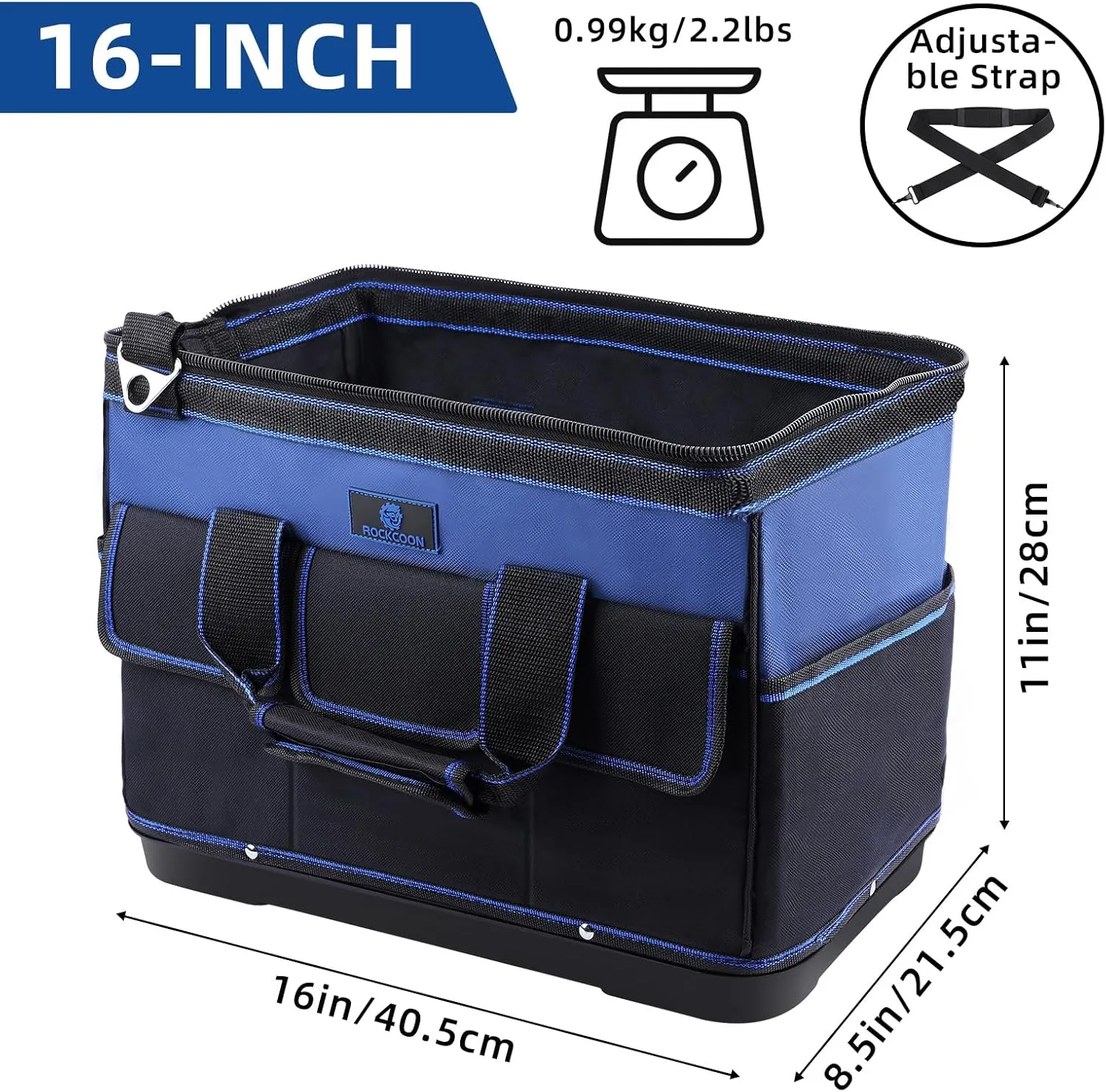 Tool Bag 16'', Multi-pocket Tool Organizer with Water Proof Plastic Base, Heavy Duty Tote with Shoulder Strap for Tool Storage, Black & Blue