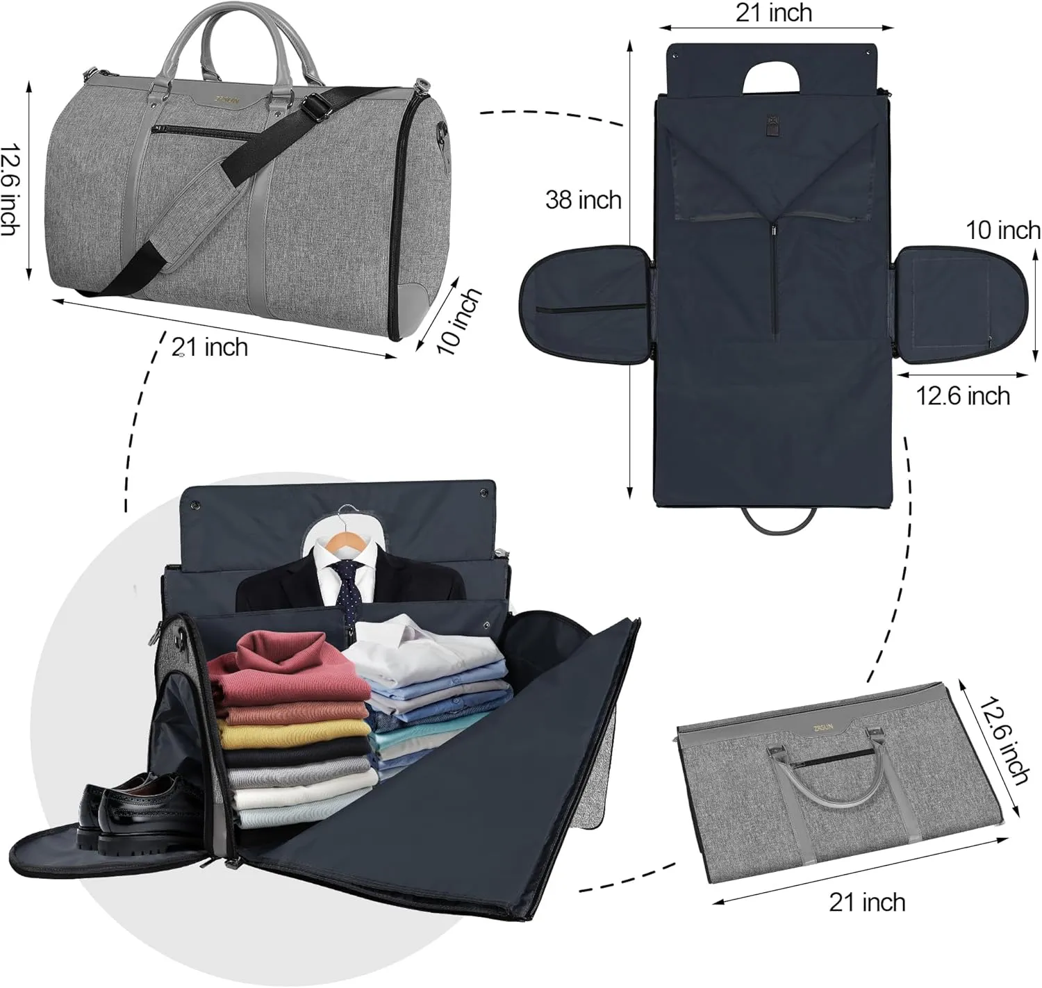 Ultimate 3-in-1 Garment Duffel Bag – Wrinkle-Free, Spacious 50L Capacity, Waterproof, Ideal for Business Trips & Weekend Getaways (Light Grey)