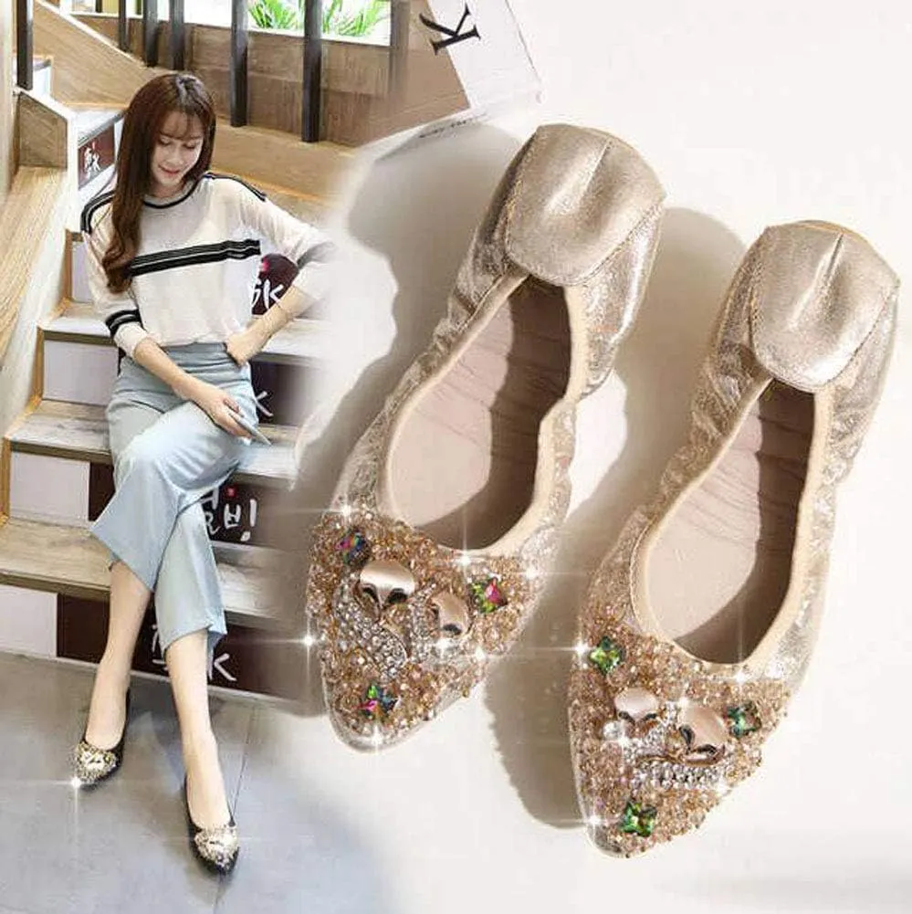 USANDY Women Ballet Flats Rhinestone Wedding Ballerina Shoes Foldable Sparkly Comfort Slip on Flat Shoes