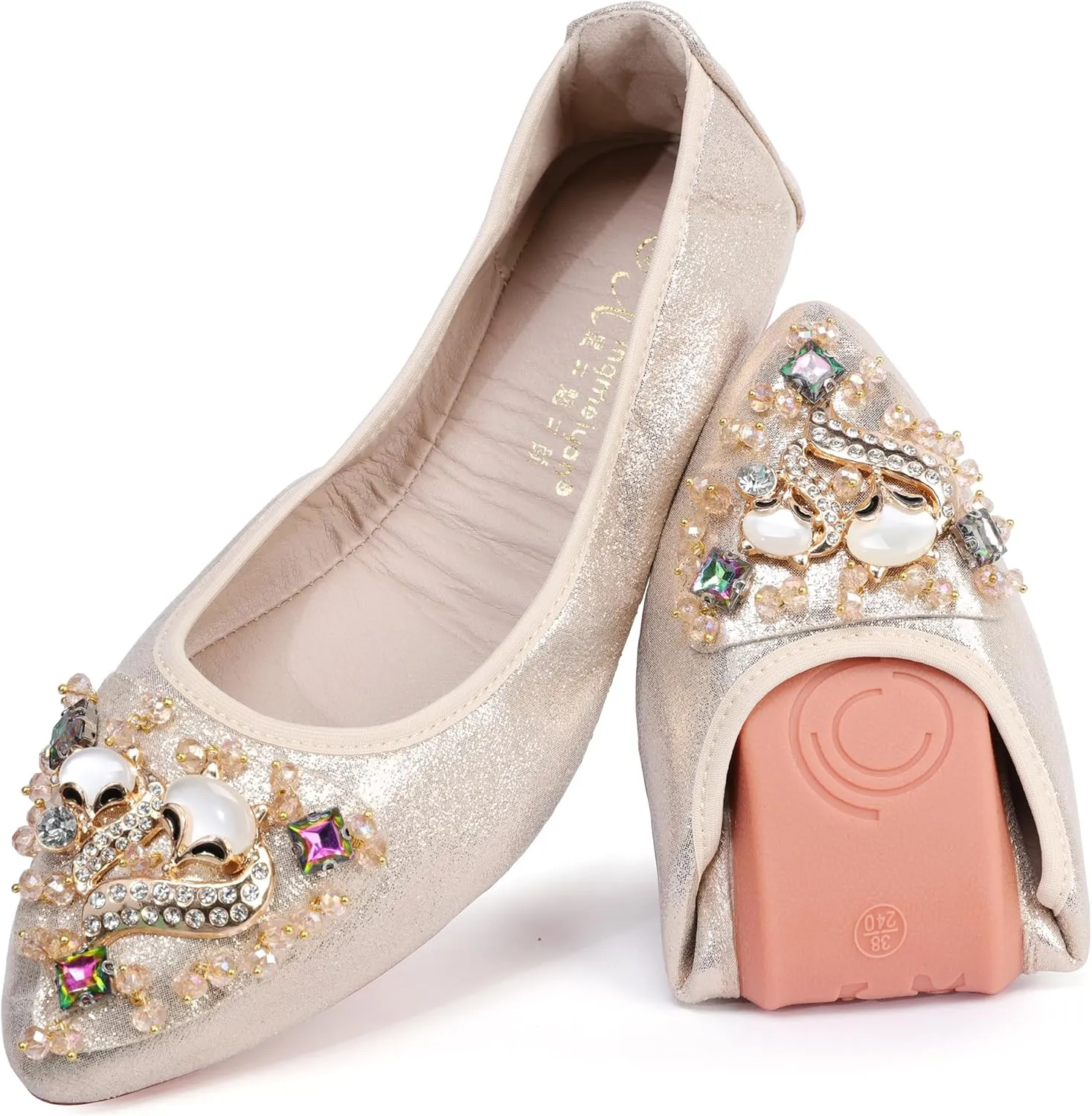 USANDY Women Ballet Flats Rhinestone Wedding Ballerina Shoes Foldable Sparkly Comfort Slip on Flat Shoes