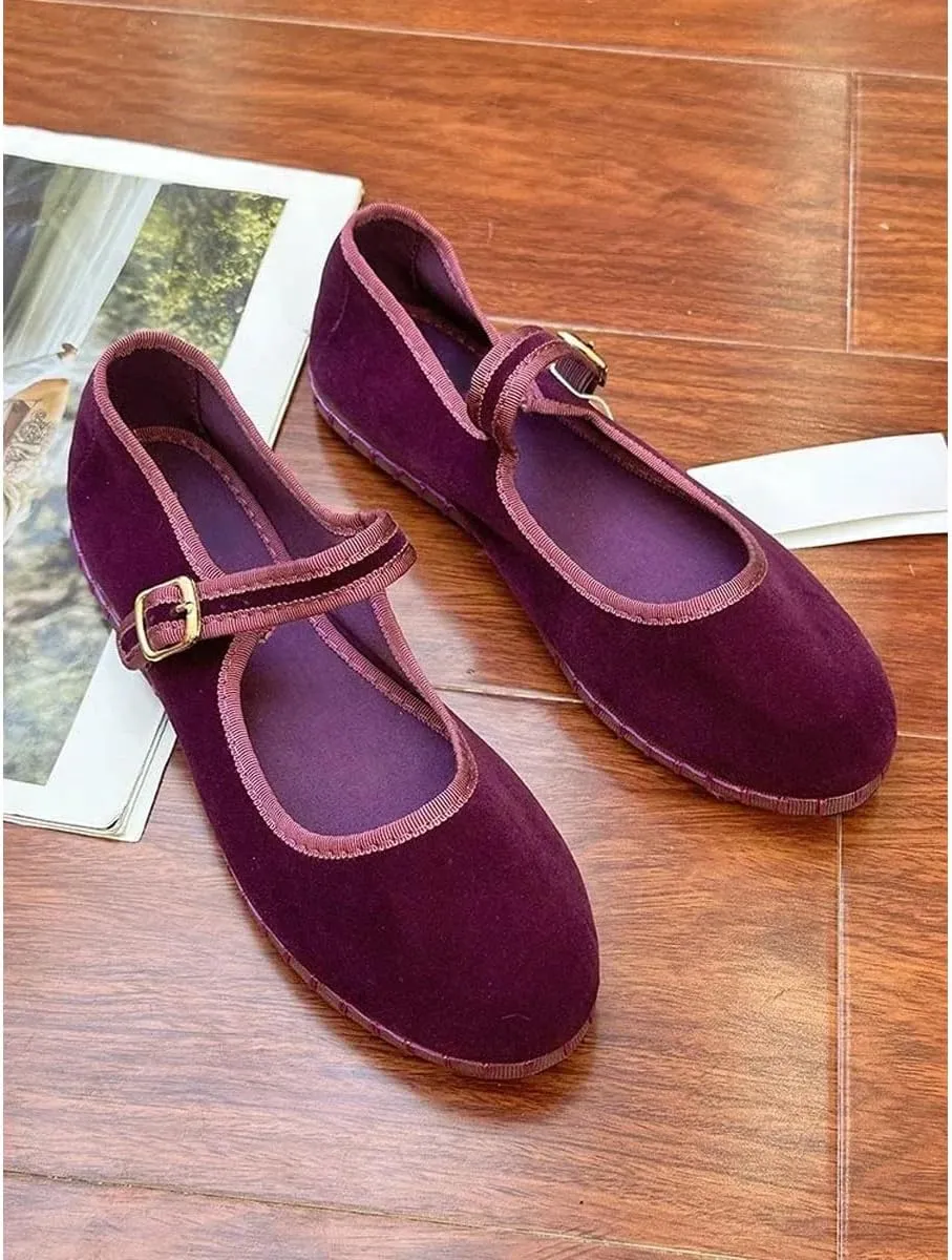 Velvet Mary Janes Women Red Ballet Flats Fall 2024 Y2k Shoes Burgundy Flat Shoes Suede Mary Jane Flats