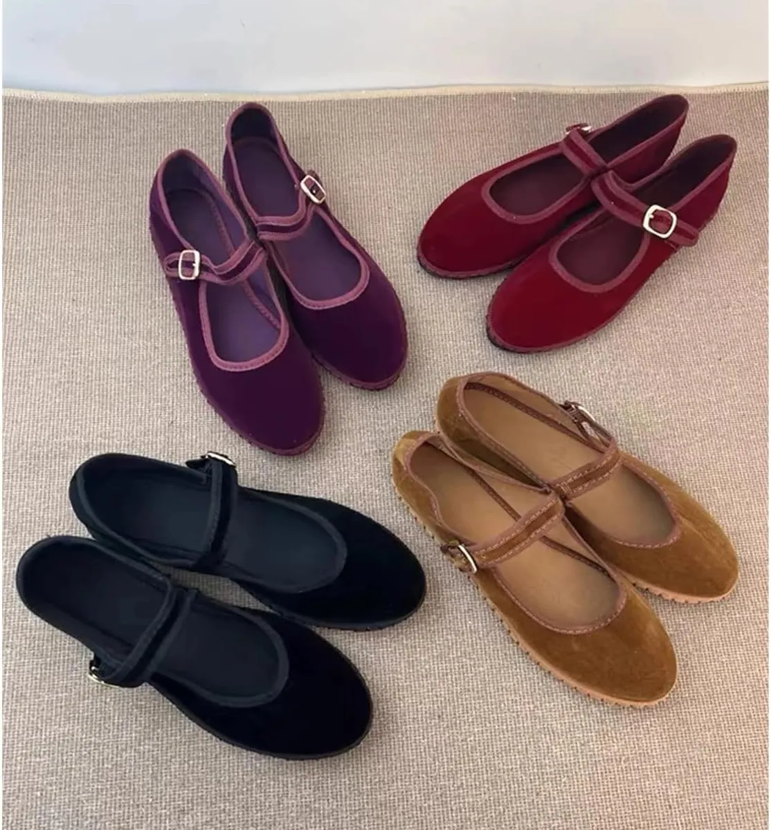 Velvet Mary Janes Women Red Ballet Flats Fall 2024 Y2k Shoes Burgundy Flat Shoes Suede Mary Jane Flats