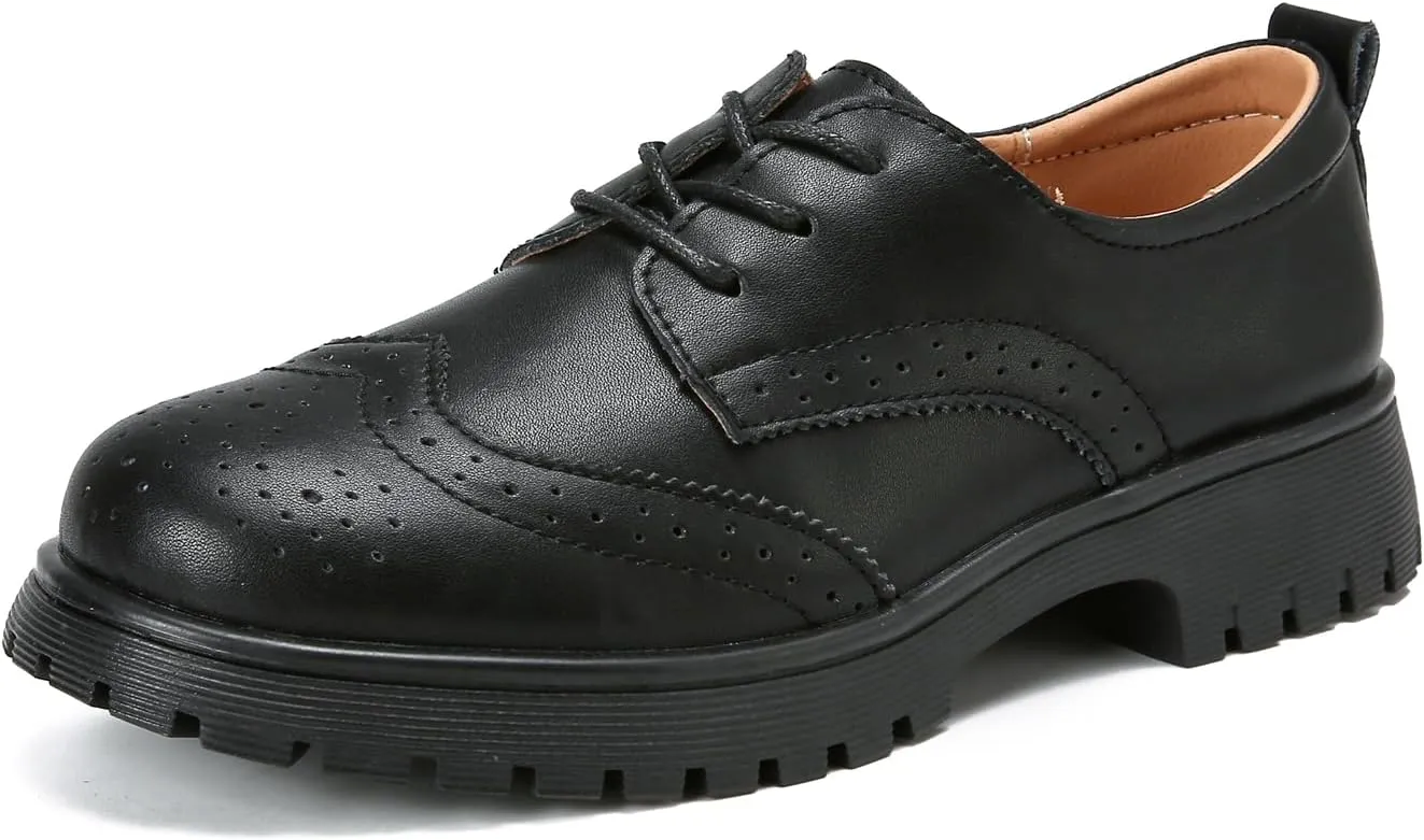 Veroders Women's Wingtip Brogue Oxfords Dress Pumps Platform Lace-Up Round Toe Oxfords Chunky Pumps Business Classic Formal School