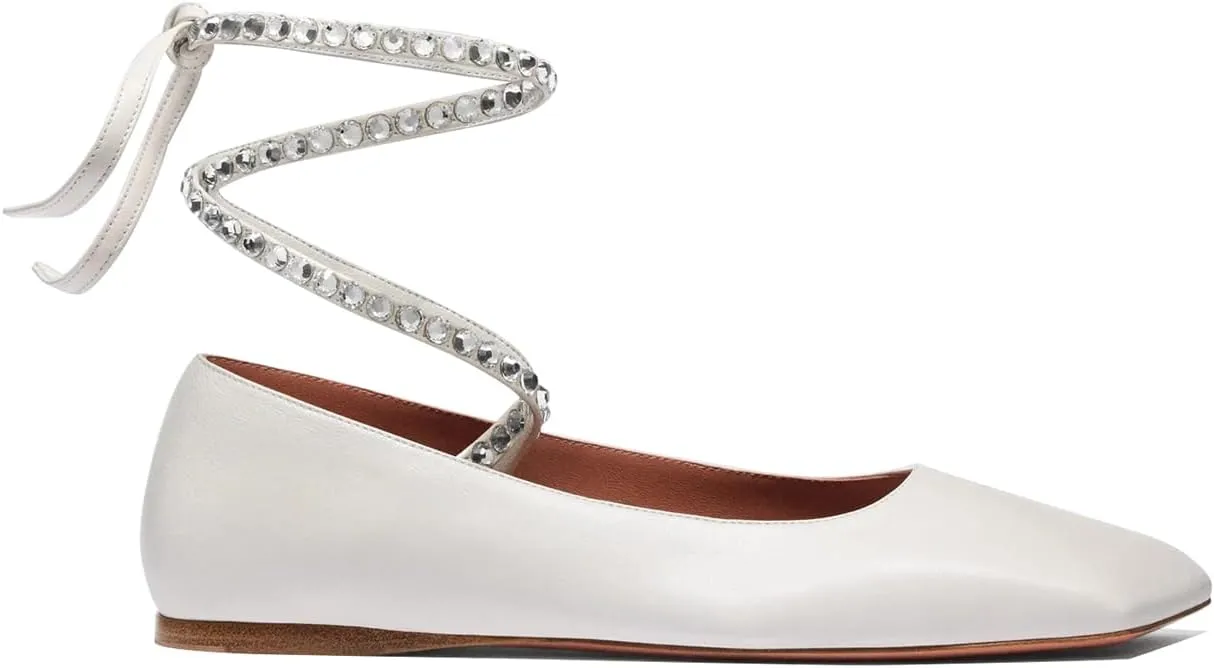 Vertundy Rhinestone Ballet Flats for Women Crystal Ankle Strap Wrap Ballet Flat Square Toe Lace Up Satin Glitter Party Wedding Dress Shoes