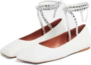 Vertundy Rhinestone Ballet Flats for Women Crystal Ankle Strap Wrap Ballet Flat Square Toe Lace Up Satin Glitter Party Wedding Dress Shoes