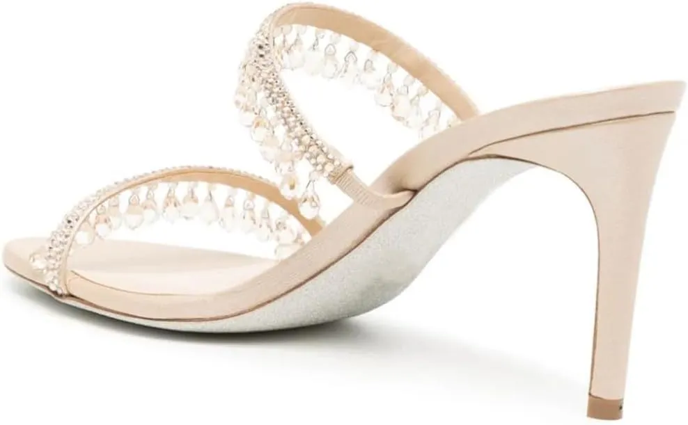 Vertundy Rhinestone High Heeled Sandal Mule for Women Crystal Strappy Slip On Round Toe Stilettos Heels Sandal Wedding Bride Party Dress Slippers