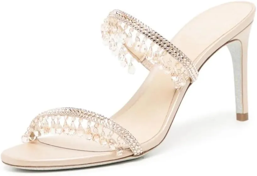 Vertundy Rhinestone High Heeled Sandal Mule for Women Crystal Strappy Slip On Round Toe Stilettos Heels Sandal Wedding Bride Party Dress Slippers