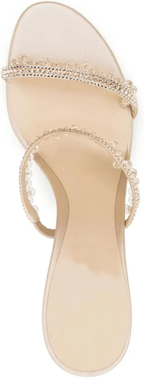 Vertundy Rhinestone High Heeled Sandal Mule for Women Crystal Strappy Slip On Round Toe Stilettos Heels Sandal Wedding Bride Party Dress Slippers