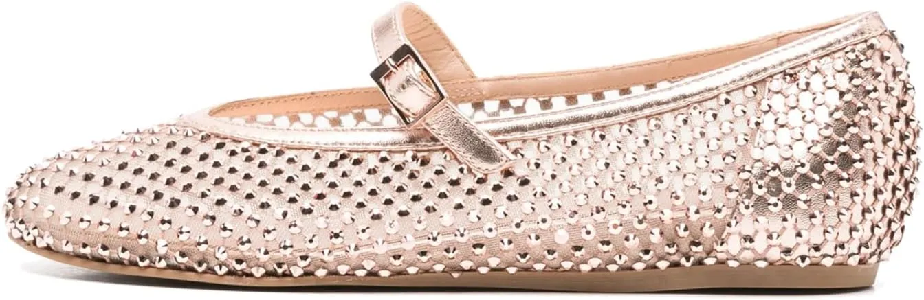 Vertundy Women's Mesh Ballet Flat Shoes with Rhinestone Round Toe Slip On Strap Buckle Causal Dress Crystal Fishnet Ballerina Shoes Ladies
