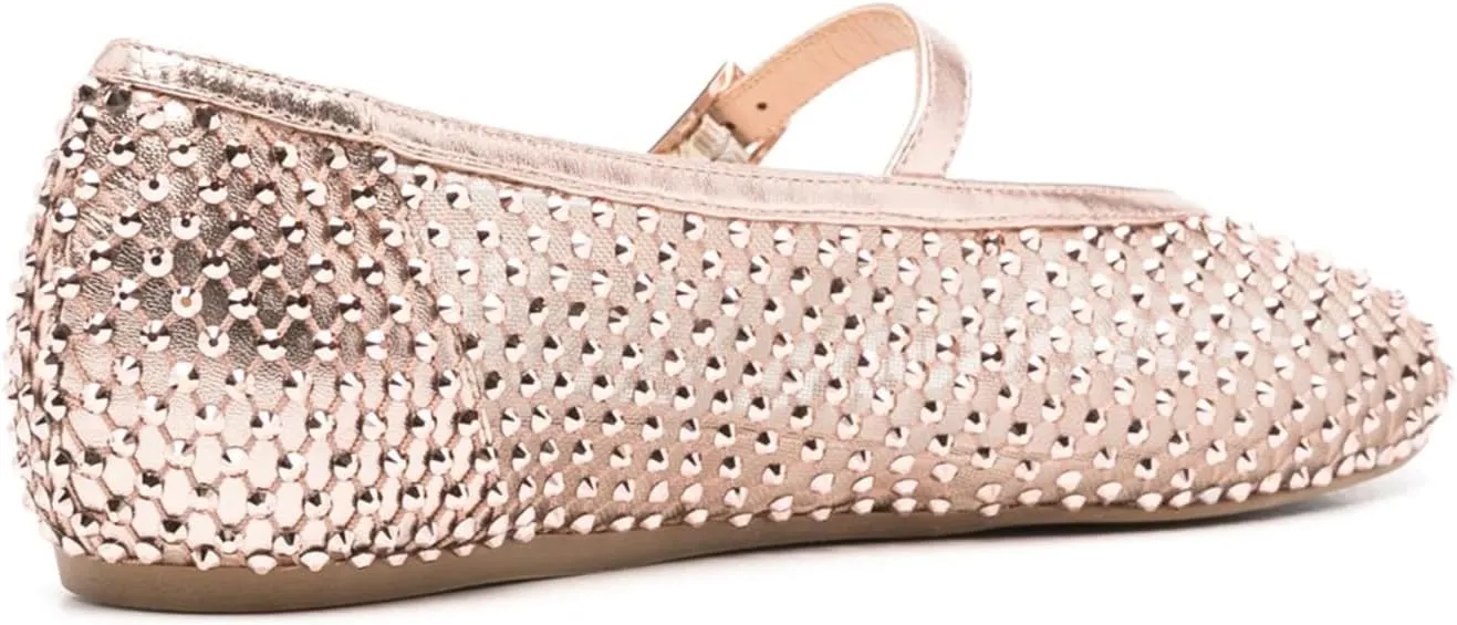 Vertundy Women's Mesh Ballet Flat Shoes with Rhinestone Round Toe Slip On Strap Buckle Causal Dress Crystal Fishnet Ballerina Shoes Ladies