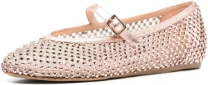 Vertundy Women's Mesh Ballet Flat Shoes with Rhinestone Round Toe Slip On Strap Buckle Causal Dress Crystal Fishnet Ballerina Shoes Ladies