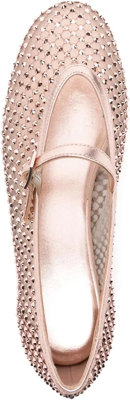 Vertundy Women's Mesh Ballet Flat Shoes with Rhinestone Round Toe Slip On Strap Buckle Causal Dress Crystal Fishnet Ballerina Shoes Ladies