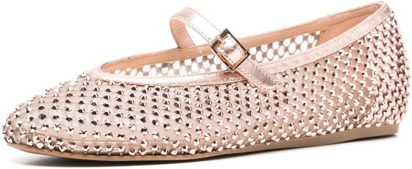Vertundy Women's Mesh Ballet Flat Shoes with Rhinestone Round Toe Slip On Strap Buckle Causal Dress Crystal Fishnet Ballerina Shoes Ladies