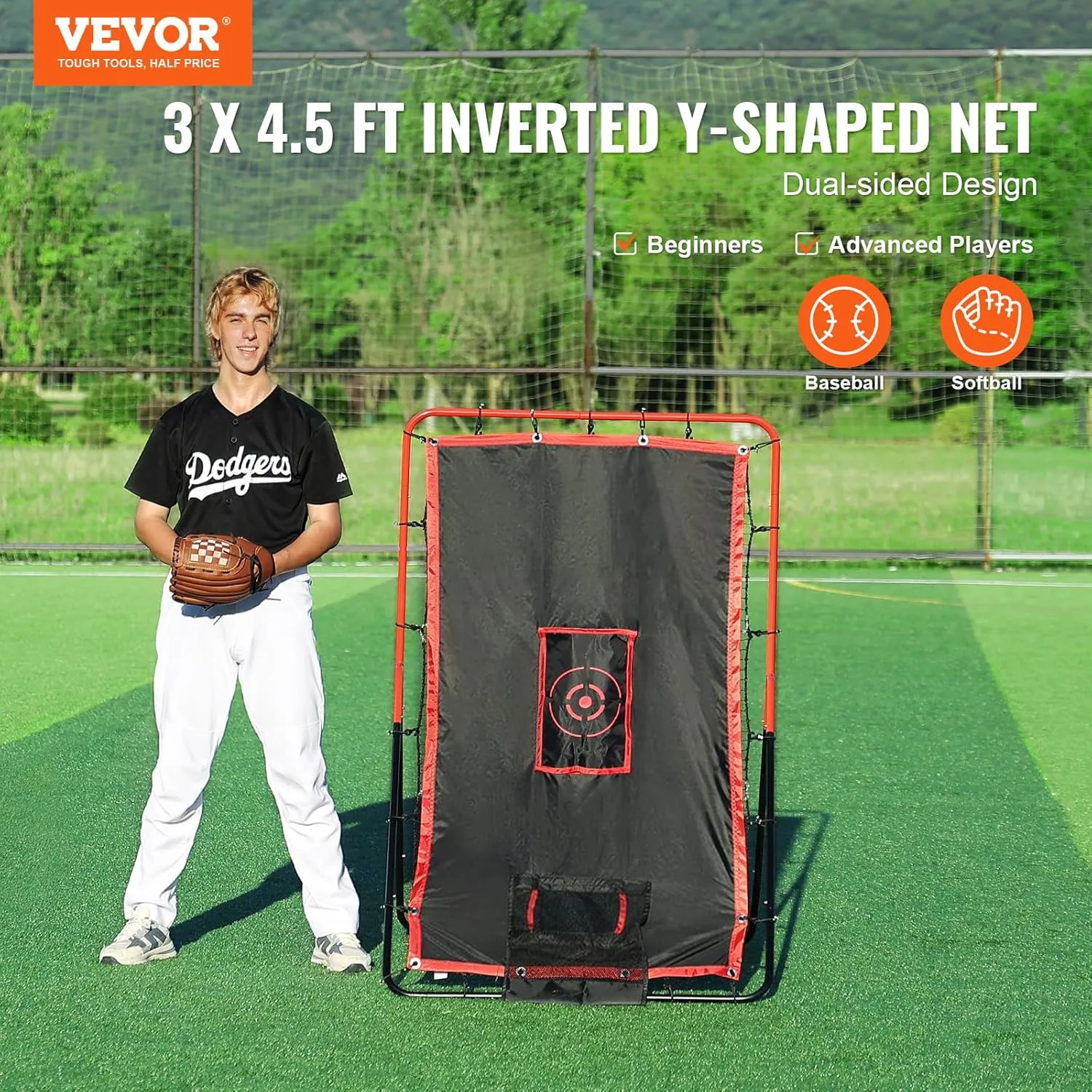 VEVOR Baseball and Softball Rebounder Net, PitchBack Baseball Pitching Net, Volleyball Pitch Return Trainer Rebound Net with Pitching Target, All Angle Fielding Rebound Net for Grounders Pop Flies