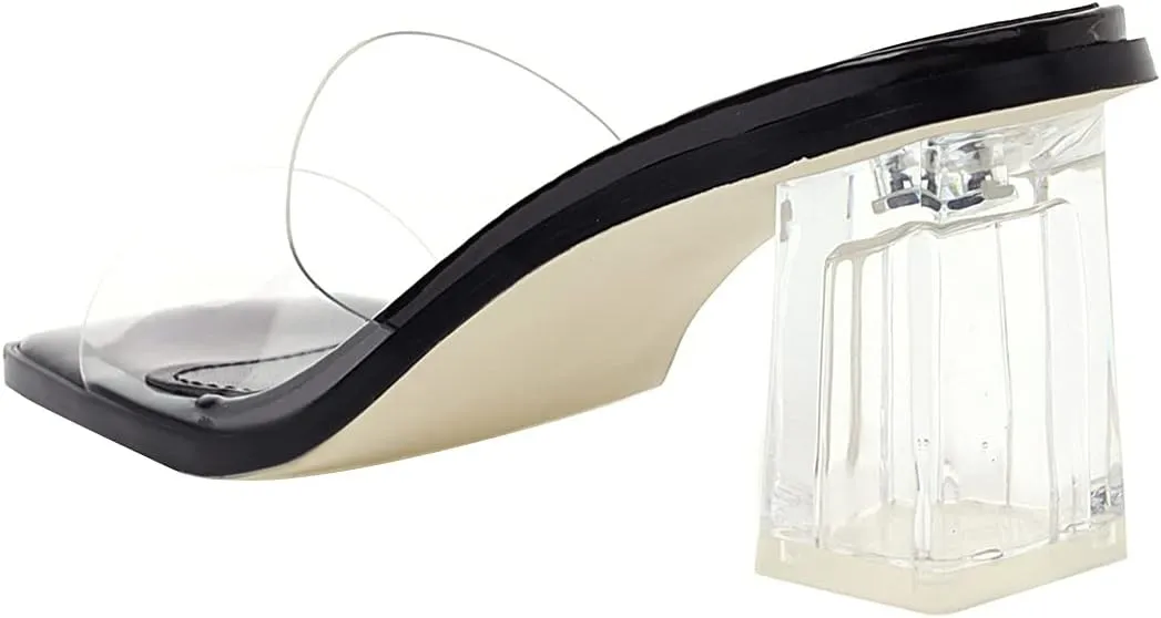 vivianly Womens Clear Heels Sandals Transparent Chunky Heels Backless Open Toe Slip on Mules Heeled Slipper Dress Shoes