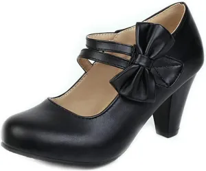 VOKLIN Women's Girls Lolita Mary Jane Pumps Sweet Bow Ankle Strap Block High Heel Cosplay Oxford Dress Shoes