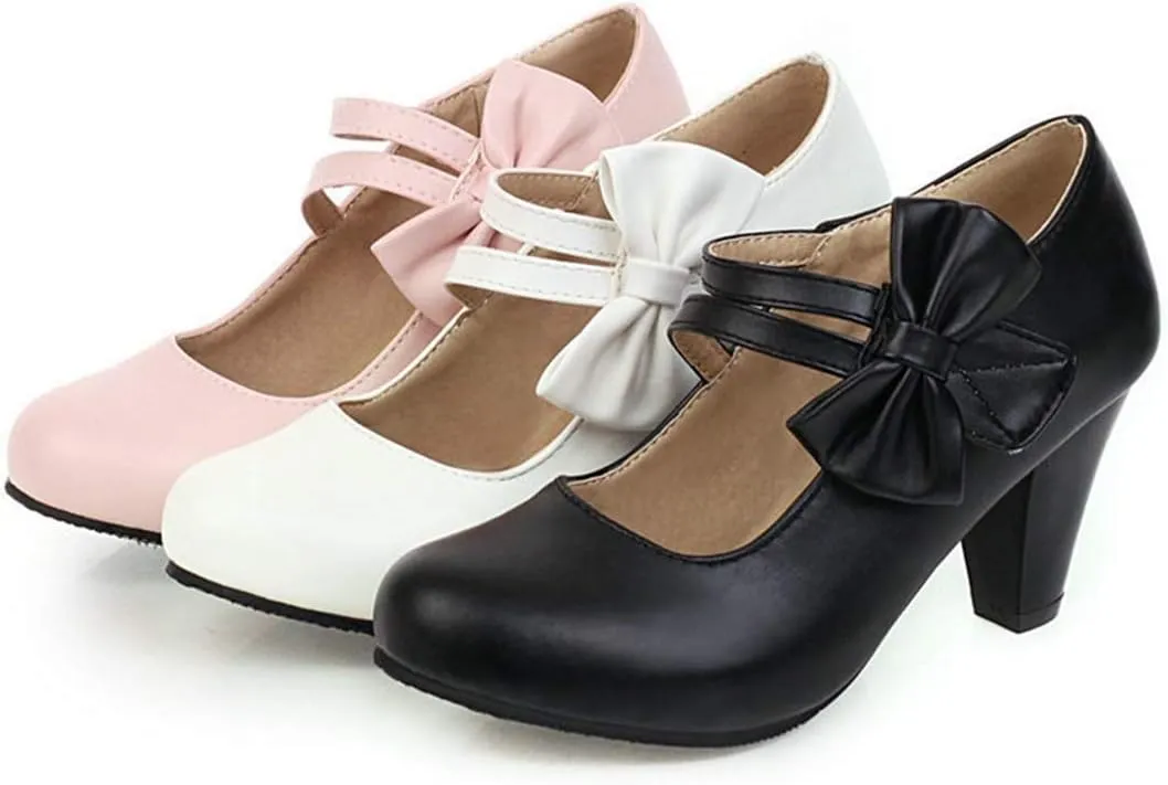 VOKLIN Women's Girls Lolita Mary Jane Pumps Sweet Bow Ankle Strap Block High Heel Cosplay Oxford Dress Shoes