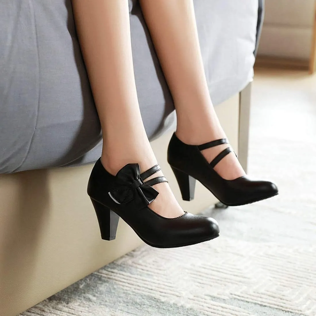 VOKLIN Women's Girls Lolita Mary Jane Pumps Sweet Bow Ankle Strap Block High Heel Cosplay Oxford Dress Shoes
