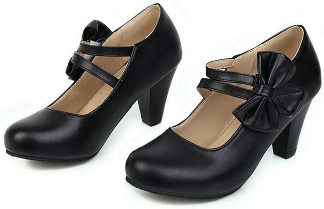 VOKLIN Women's Girls Lolita Mary Jane Pumps Sweet Bow Ankle Strap Block High Heel Cosplay Oxford Dress Shoes