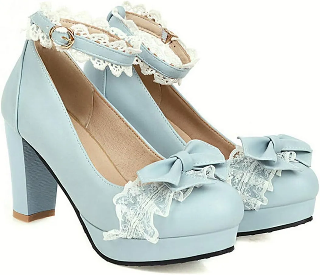 VOKLIN Women's Girls Lolita Platform Mary Jane Pumps Sweet Bow Ankle Strap Block High Heel Oxford Dress Shoes